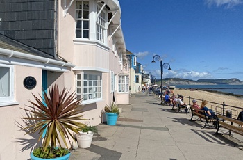 Huse langs strandpromenaden i kystbyen Lyme Regis - Sydengland