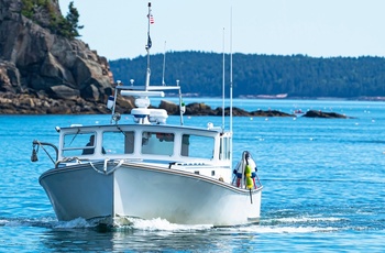 Fiskerbåd på vej ind til kystbyen Bar Harbor - Maine i USA