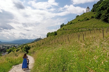Mor med barnevogn på vej op ad Pyramidebakken uden for Maribor, Slovenien