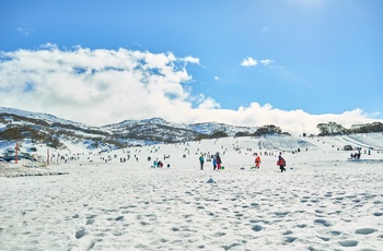 På ski om vinteren i Snowy Mountains, New South Wales i Australien