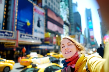 Selfie på Broadway / Thimes Square i New York, USA