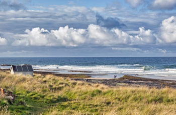 Strand ved Bamburgh i Northumberland, England