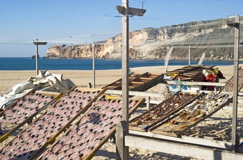 Fist hængt til tørre i kystbyen Nazare, Portugal