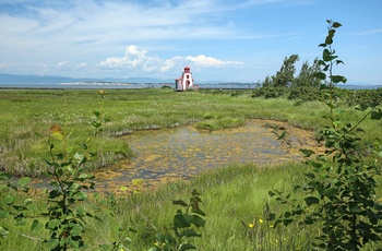 Klassisk fyrtårn i Kamouraska området ud til Saint Lawrence-floden i Quebec, Canada