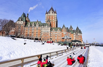 Chateau Frontenac hotellet og Dufferin Terrace centrum af Quebec City, Canada