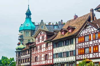 Gamle bindingsværkshuse i Arbons centrum, Schweiz