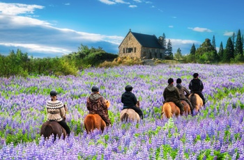 Til hest forbi Church of good Shepherd ved Lake Tekapo, Sydøen