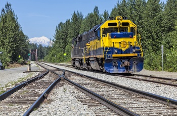 Tog på vej gennem byen Talkeetna nord for Anchorage, Alaska