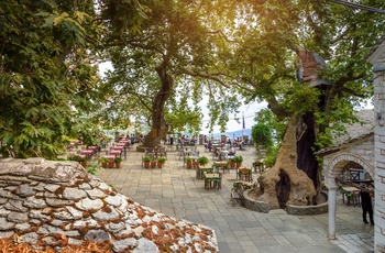 Taverna med udsigt i byen Makrinitsa på Pelion-halvøen - Grækenland