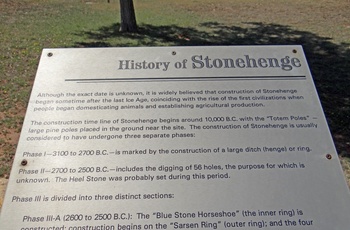 Info-skilt om kopien af Stonehenge i byen Odessa i Texas, USA