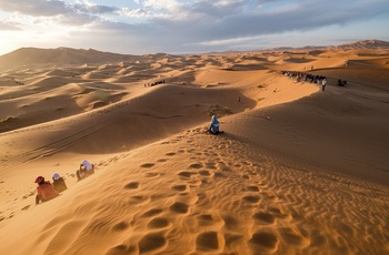 Turister nyder solnedgangen i ørkenområdet Erg Chebbi - Marokko