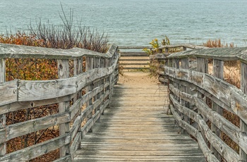 Gangbro ned til Chesapeake Bay i First Landing State Park, Virginia i USA