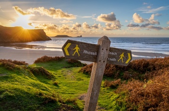 Wales - Coastal Path skilt til Rhossili Beach på Gower Peninsula