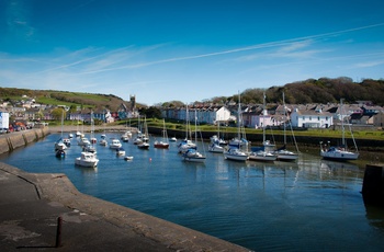 Wales - byens havn omgiver af farverige rækkehuse, hvor byens kirke stikker op