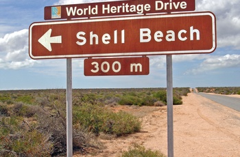 Skilt til Shell Beach, Shark Bay i Western Australia