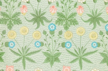 William Morris - Daisy vintage tapet fra 1864 med hvidt og lyserødt blomster mønster på grøn baggrund.