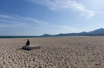 Strand med bjerge i baggrunden i Argèles-sur-mer, Frankrig