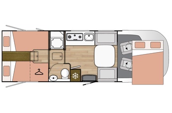 Helintegreret autocamper i Europa - eksempel på klassisk layout med enkeltsenge i bagenden og dobbelt hæve/sænkeseng i forenden