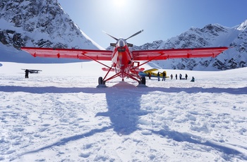 Rødt propelfly på sneen i Denali Nationalpark, Alaska